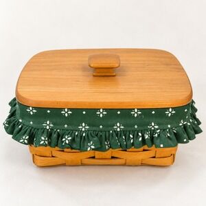 Longaberger Cottagecore Woven Basket Green Floral Liner Wood Lid Farmhouse Decor